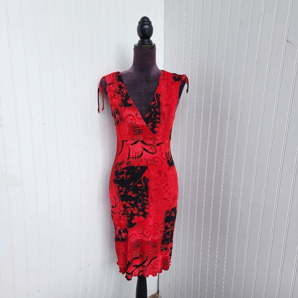 E. Gen Red Black Stretch Swim Cover Up Women's Print Dress Tie Shoulder Sz S - Picture 1 of 15